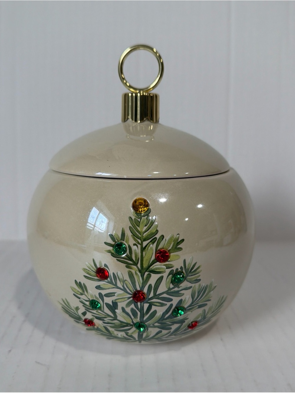 Telaflora Ornament Shaped Christmas Tree Candy Jar With Gold Top & Faux Jewels